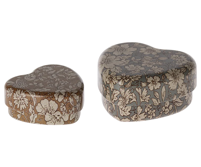 Metal heart box, 2 pcs set - Blue/Ocher blossom