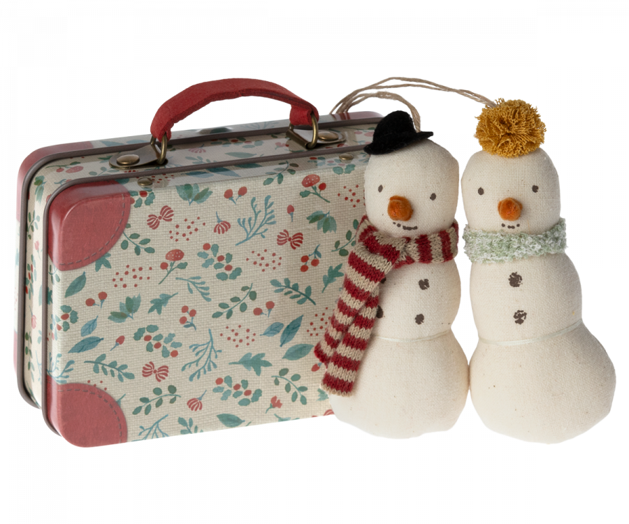 Snowman Ornament, 2 pcs in Metal Suitcase