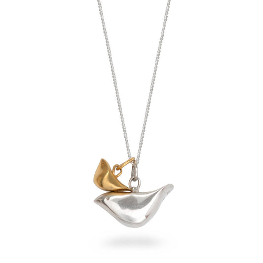 Double Charm Silver Big Bird & Gold Vermeil Baby Bird Necklace