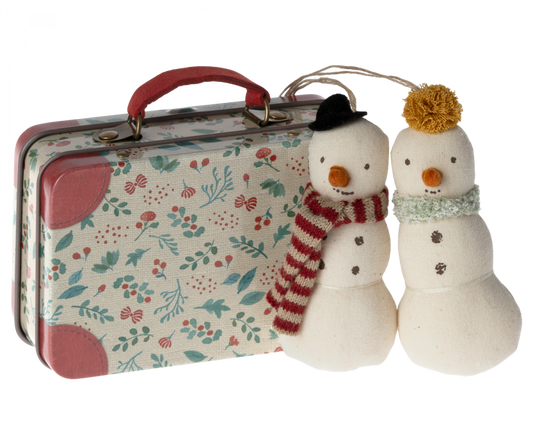 Snowman Ornament, 2 pcs in Metal Suitcase