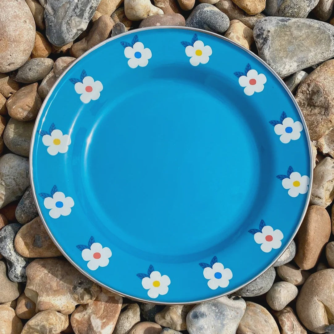 Retro Floral Enamel Plate - Ocean Blue