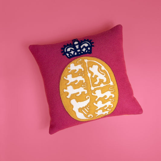 Coronation Cushion Cover- Royal Coat of Arms -Pink